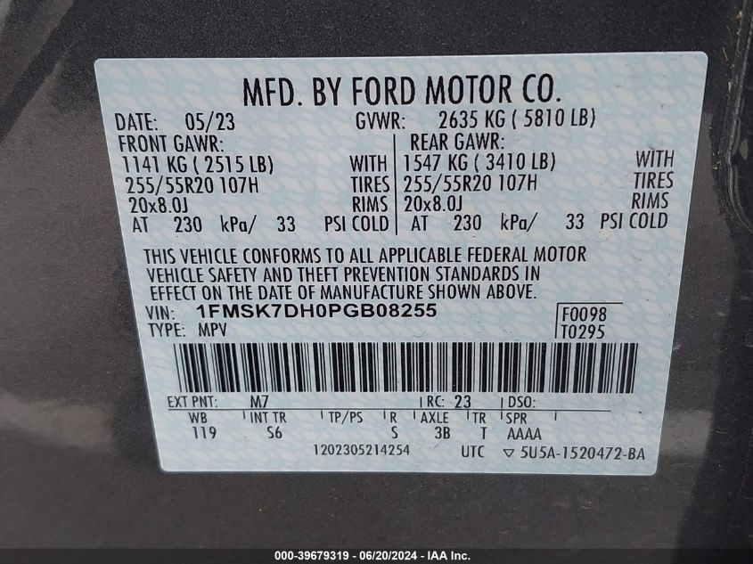 2023 Ford Explorer Xlt VIN: 1FMSK7DH0PGB08255 Lot: 39679319