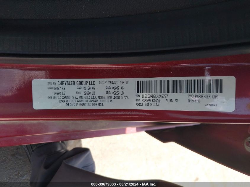 2012 Chrysler 200 Lx VIN: 1C3CCBAB2CN246737 Lot: 39679333