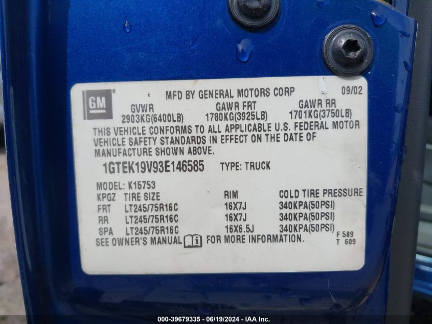 2003 GMC Sierra 1500 Sle VIN: 1GTEK19V93E146585 Lot: 39679335