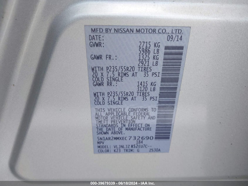 2014 Nissan Pathfinder Platinum VIN: 5N1AR2MMXEC732690 Lot: 39679339