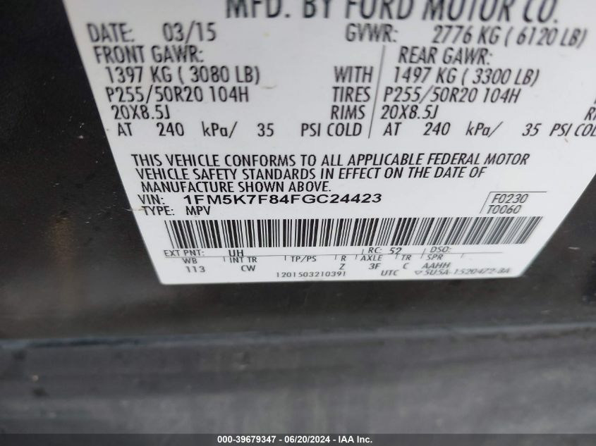 2015 Ford Explorer Limited VIN: 1FM5K7F84FGC24423 Lot: 39679347