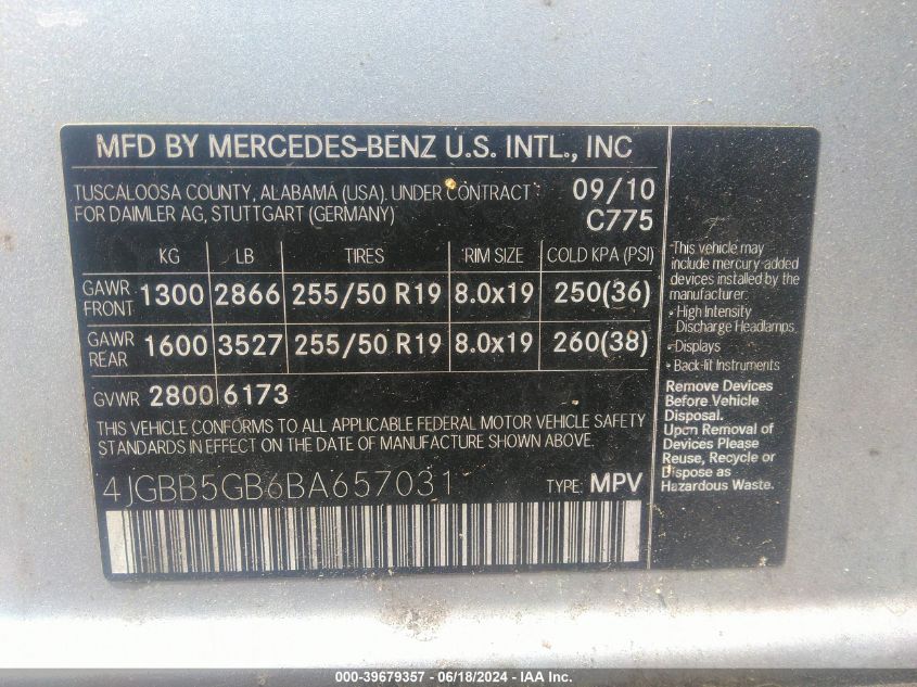 2011 Mercedes-Benz Ml 350 VIN: 4JGBB5GB6BA657031 Lot: 39679357