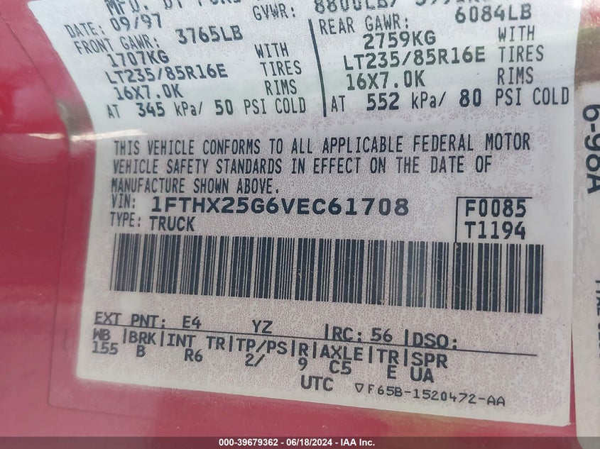 1997 Ford F-250 Xl VIN: 1FTHX25G6VEC61708 Lot: 39679362