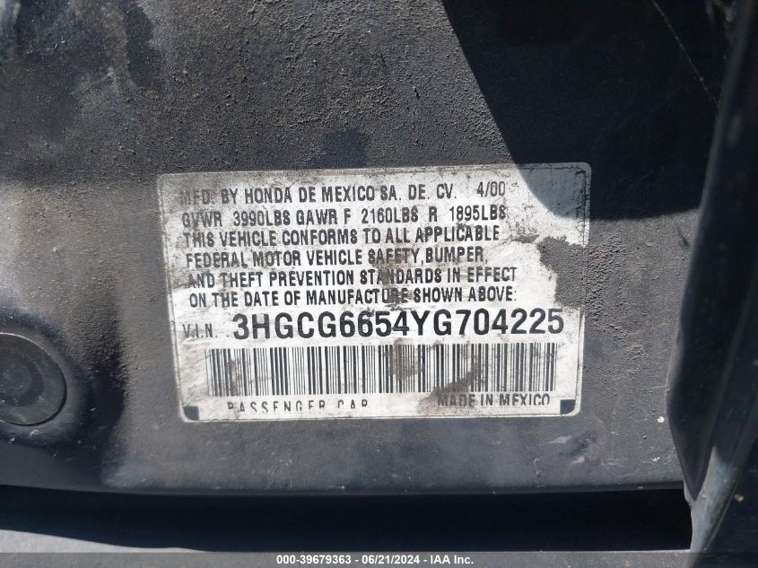 2000 Honda Accord 2.3 Lx VIN: 3HGCG6654YG704225 Lot: 39679363