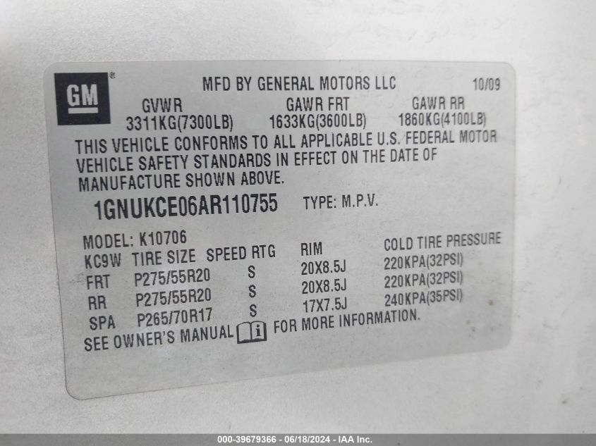 2010 Chevrolet Tahoe Ltz VIN: 1GNUKCE06AR110755 Lot: 39679366