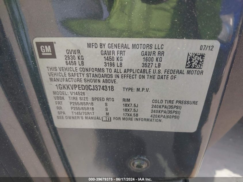2012 GMC Acadia Sle VIN: 1GKKVPED0CJ374318 Lot: 39679375