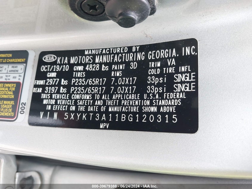 2011 Kia Sorento Lx VIN: 5XYKT3A11BG120315 Lot: 39679388