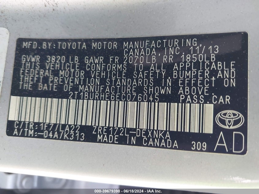 2014 Toyota Corolla Le Premium VIN: 2T1BURHE6EC076045 Lot: 39679398