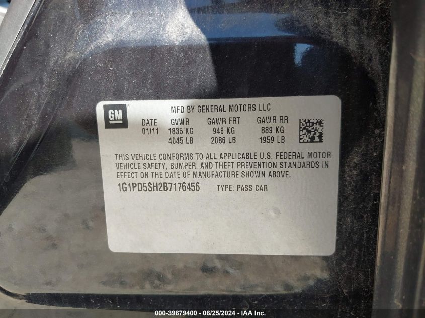 2011 Chevrolet Cruze Ls VIN: 1G1PD5SH2B7176456 Lot: 39679400