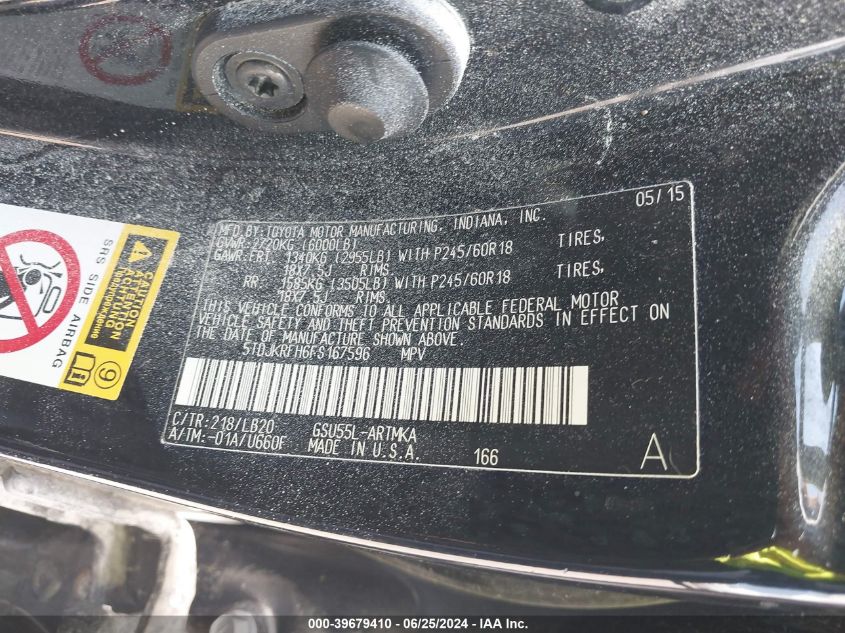 2015 Toyota Highlander Xle V6 VIN: 5TDJKRFH6FS167596 Lot: 39679410