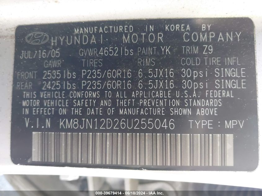 2006 Hyundai Tucson Gls/Limited VIN: KM8JN12D26U255046 Lot: 39679414