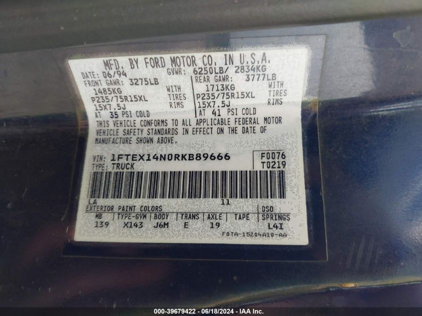 1994 Ford F150 VIN: 1FTEX14N0RKB89666 Lot: 39679422