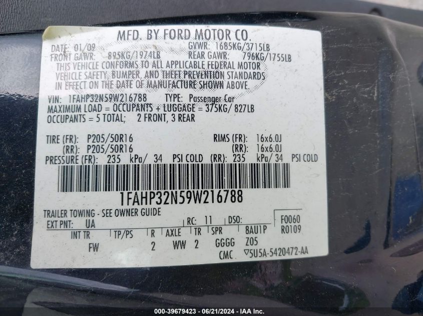 2009 Ford Focus Se VIN: 1FAHP32N59W216788 Lot: 39679423