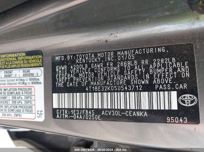 2005 Toyota Camry Le VIN: 4T1BE32K05U543712 Lot: 39679426