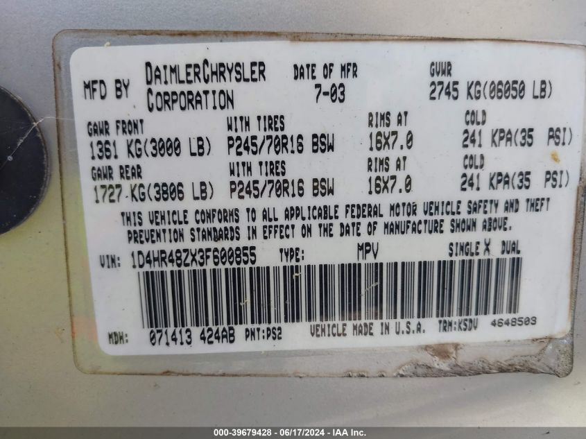 2003 Dodge Durango Slt VIN: 1D4HR48ZX3F600855 Lot: 39679428