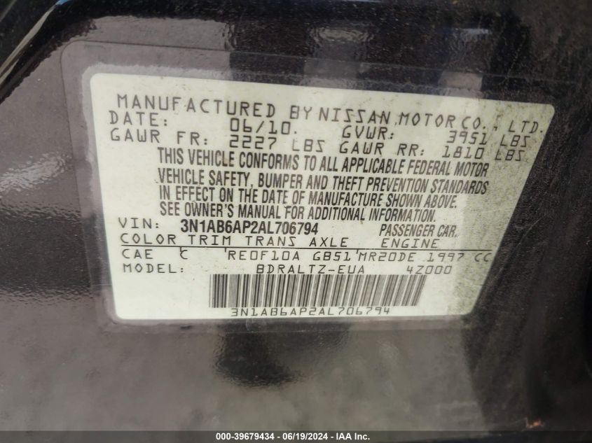 2010 Nissan Sentra 2.0S VIN: 3N1AB6AP2AL706794 Lot: 39679434