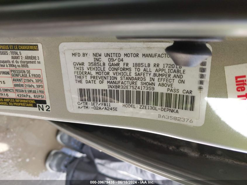 2005 Toyota Corolla Le VIN: 1NXBR32E75Z417359 Lot: 39679435