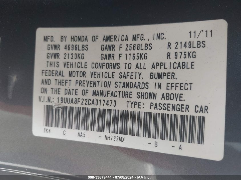 2012 Acura Tl 3.5 VIN: 19UUA8F22CA017470 Lot: 39679441