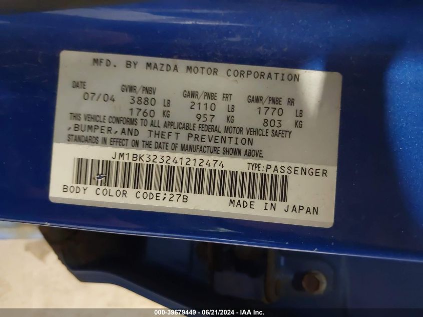 2004 Mazda Mazda3 S VIN: JM1BK323241212474 Lot: 39679449