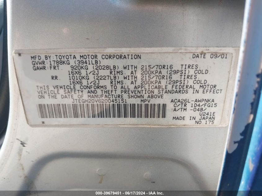 2002 Toyota Rav4 VIN: JTEGH20V620045151 Lot: 39679451