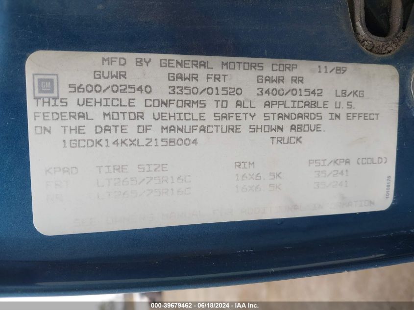 1990 Chevrolet Gmt-400 K1500 VIN: 1GCDK14KXLZ158004 Lot: 39679462