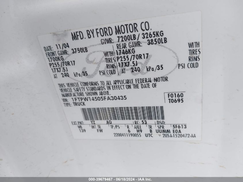 2005 Ford F-150 Fx4/Lariat/Xlt VIN: 1FTPW14505FA30435 Lot: 39679467