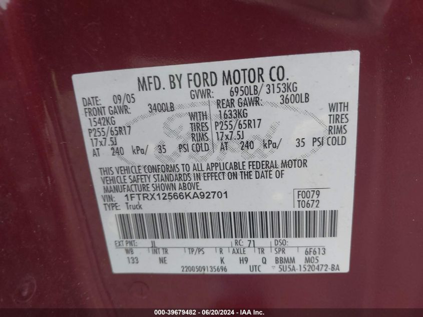 2006 Ford F150 VIN: 1FTRX12566KA92701 Lot: 39679482