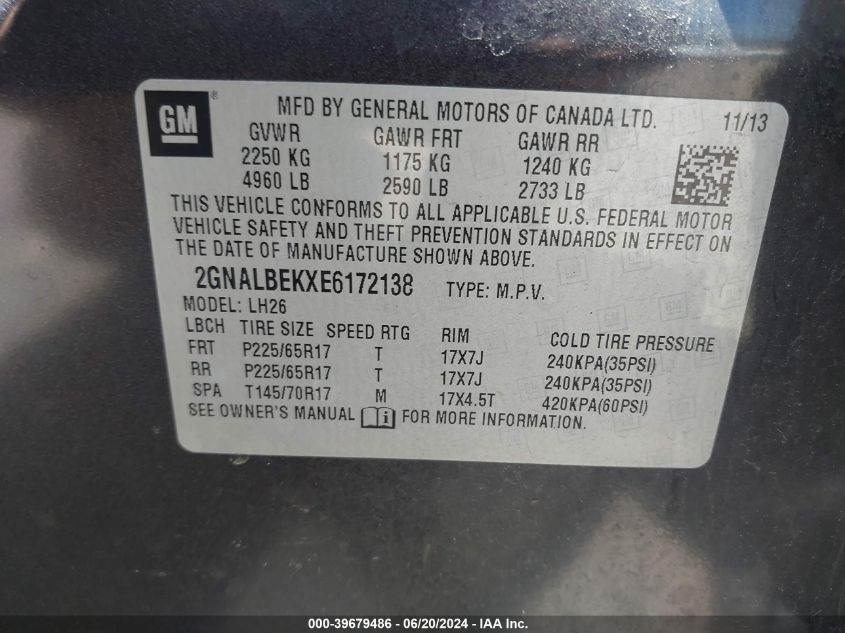 2014 Chevrolet Equinox 1Lt VIN: 2GNALBEKXE6172138 Lot: 39679486