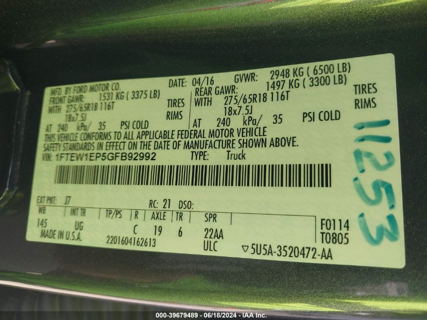 1FTEW1EP5GFB92992 2016 Ford F-150 Xlt
