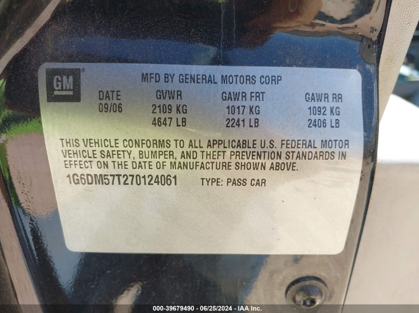 2007 Cadillac Cts Standard VIN: 1G6DM57T270124061 Lot: 39679490