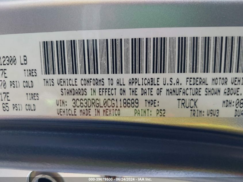 2012 Ram 3500 St VIN: 3C63DRGL0CG118689 Lot: 39679500