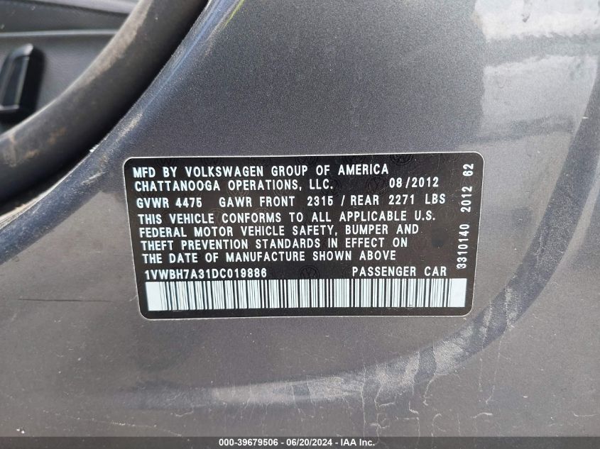 2013 Volkswagen Passat 2.5L Se VIN: 1VWBH7A31DC019886 Lot: 39679506