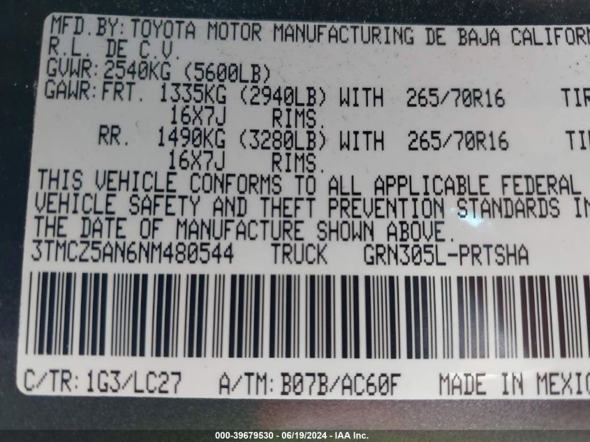 2022 Toyota Tacoma Double Cab/Sr/Sr5/Trd Sport/Trd Off Road/Trd Pro VIN: 3TMCZ5AN6NM480544 Lot: 39679530