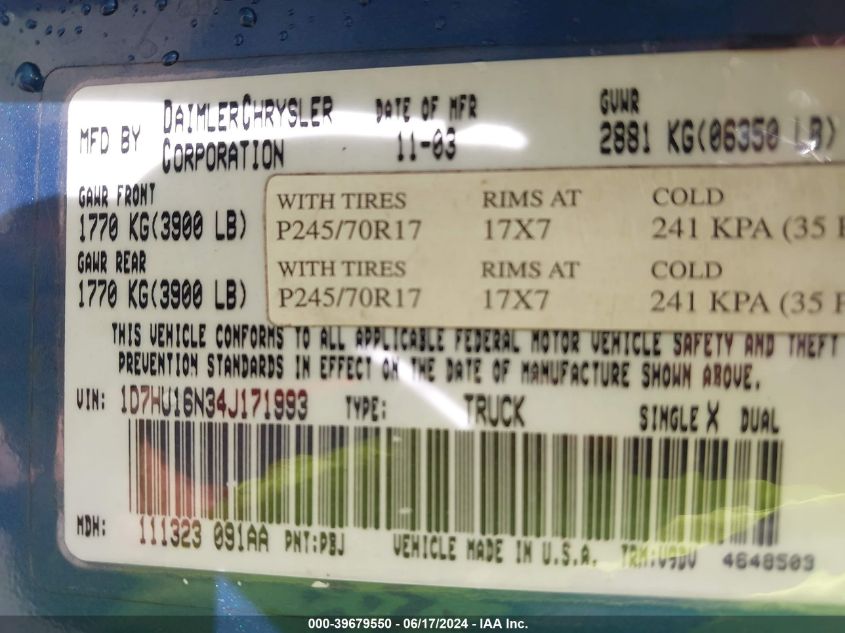 2004 Dodge Ram 1500 Slt/Laramie VIN: 1D7HU16N34J171993 Lot: 39679550