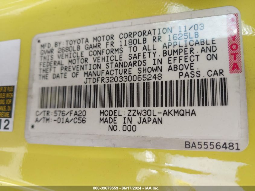 2003 Toyota Mr2 Spyder VIN: JTDFR320330065248 Lot: 39679559