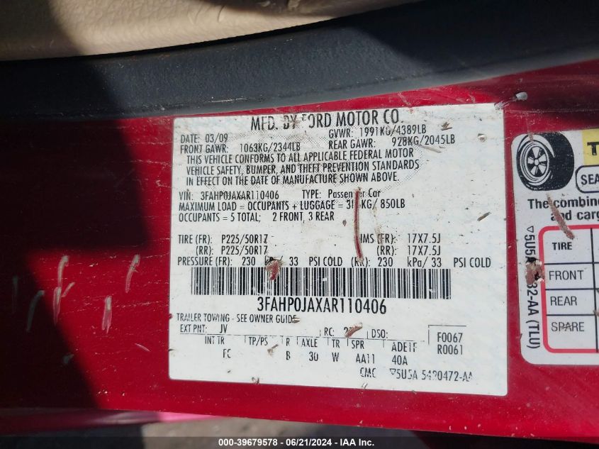 2010 Ford Fusion Sel VIN: 3FAHP0JAXAR110406 Lot: 39679578