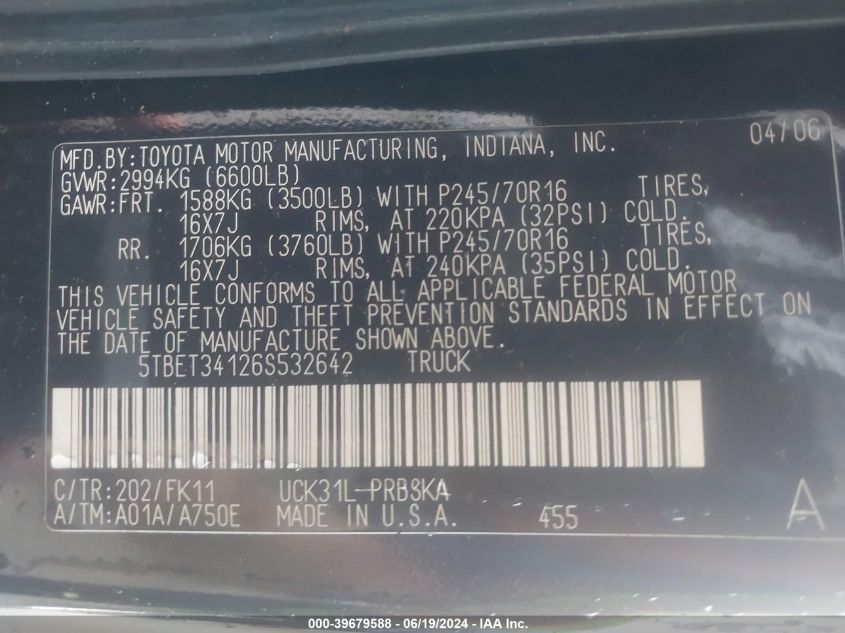 2006 Toyota Tundra Sr5 V8 VIN: 5TBET34126S532642 Lot: 39679588