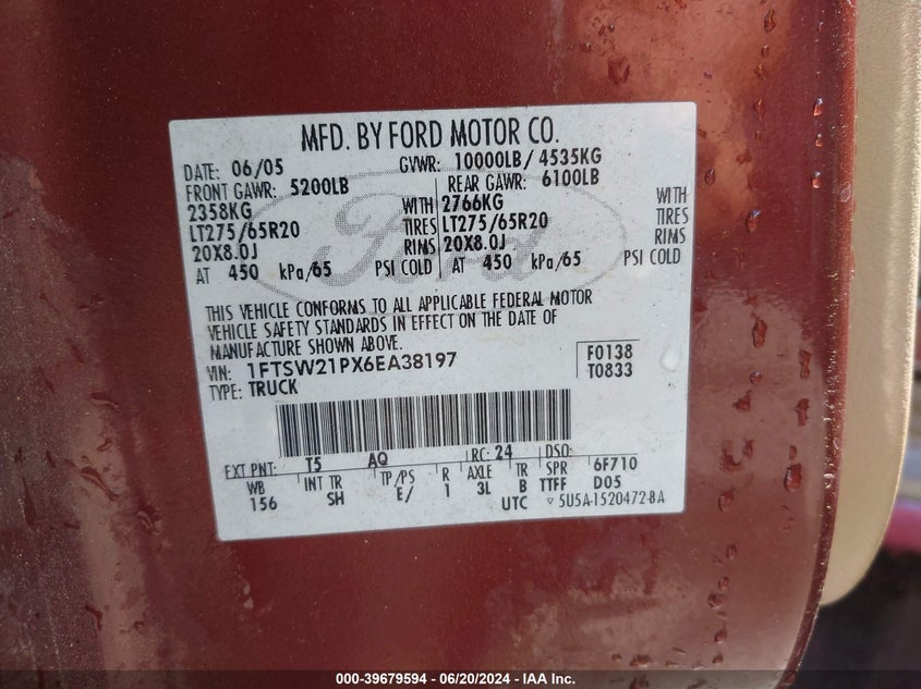 2006 Ford F-250 Lariat/Xl/Xlt VIN: 1FTSW21PX6EA38197 Lot: 39679594