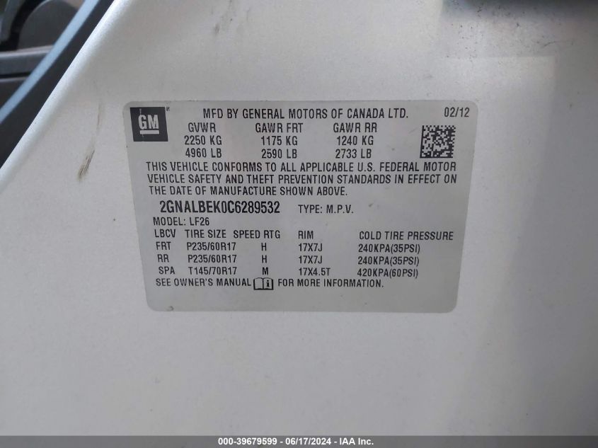 2012 Chevrolet Equinox Ls VIN: 2GNALBEK0C6289532 Lot: 39679599