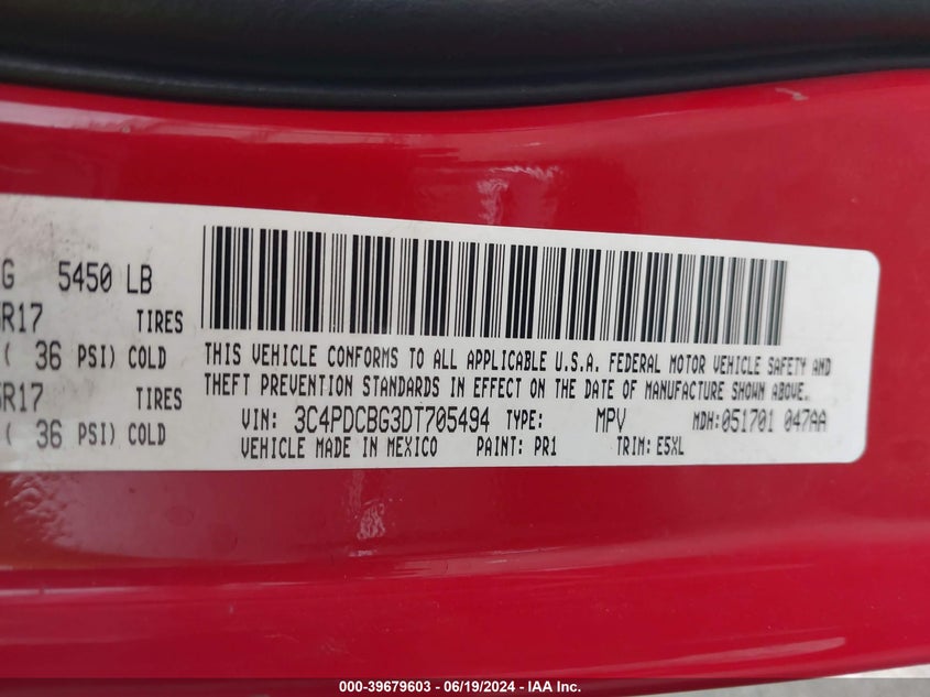 2013 Dodge Journey Sxt VIN: 3C4PDCBG3DT705494 Lot: 39679603