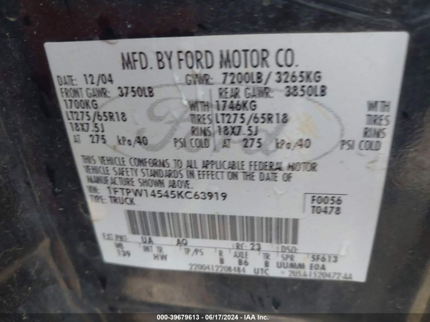 2005 Ford F-150 Fx4/Lariat/Xlt VIN: 1FTPW14545KC63919 Lot: 39679613