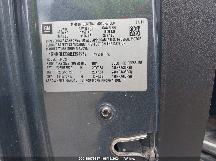 2011 Chevrolet Traverse Ltz VIN: 1GNKRLED9BJ294952 Lot: 39679617