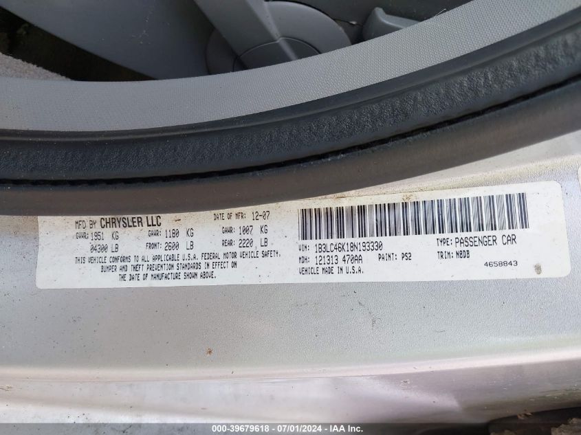 2008 Dodge Avenger Se VIN: 1B3LC46K18N193330 Lot: 39679618