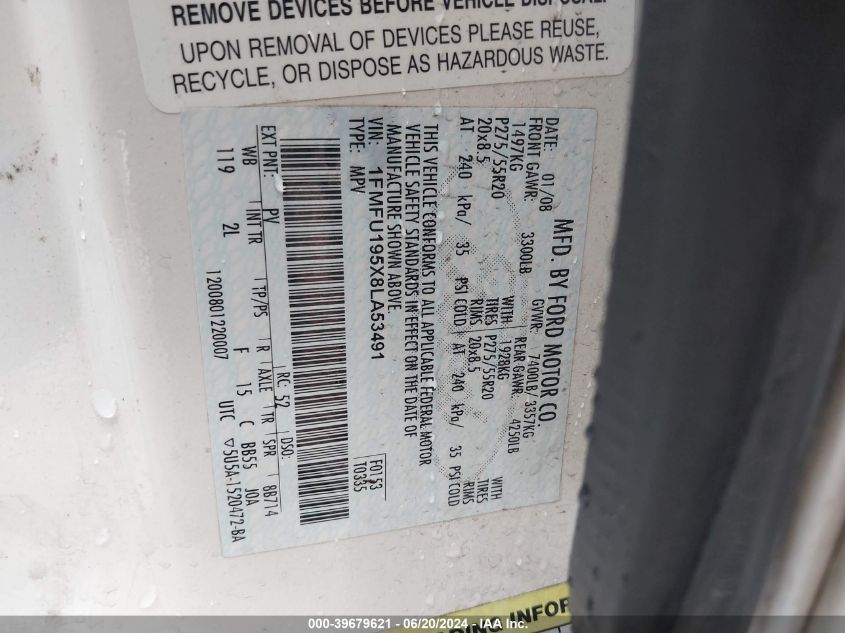 2008 Ford Expedition Limited VIN: 1FMFU195X8LA53491 Lot: 39679621