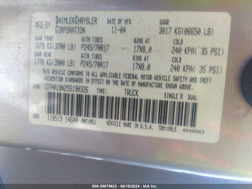 2005 Dodge Ram 1500 Slt/Laramie VIN: 1D7HA18N25S190326 Lot: 39679623