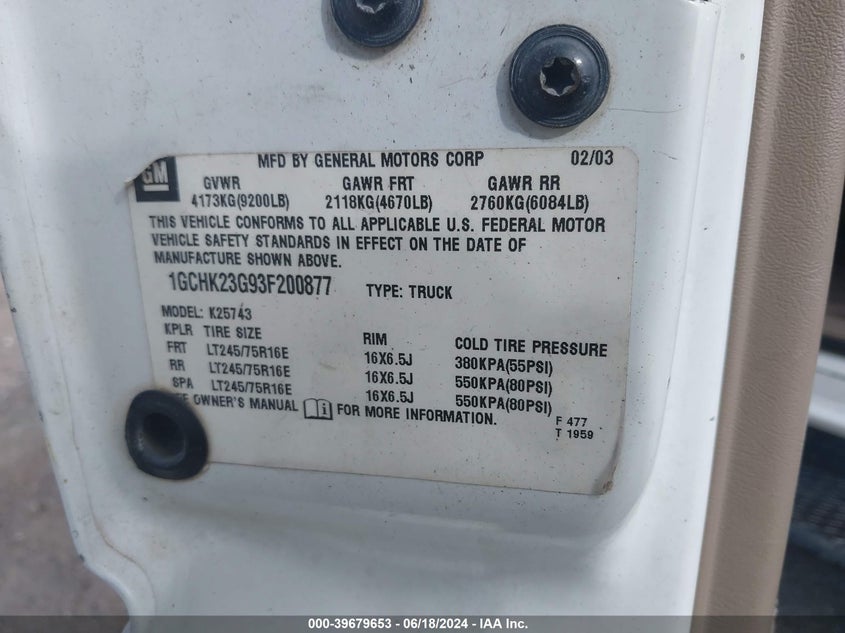 2003 Chevrolet Silverado 2500Hd Ls VIN: 1GCHK23G93F200877 Lot: 39679653