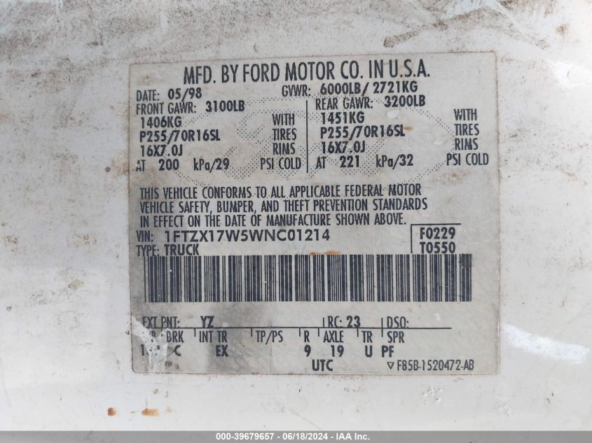 1998 Ford F-150 Lariat/Standard/Xl/Xlt VIN: 1FTZX17W5WNC01214 Lot: 39679657