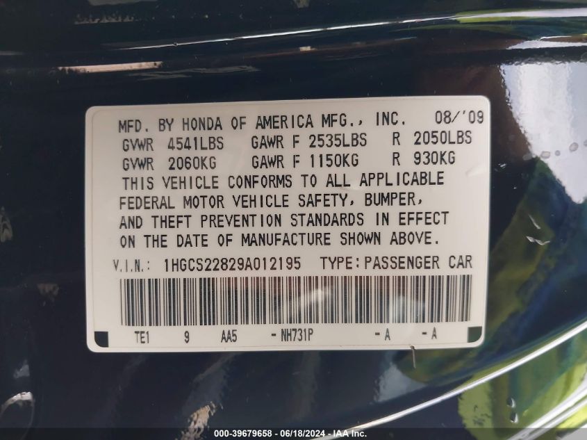 2009 Honda Accord 3.5 Ex-L VIN: 1HGCS22829A012195 Lot: 39679658