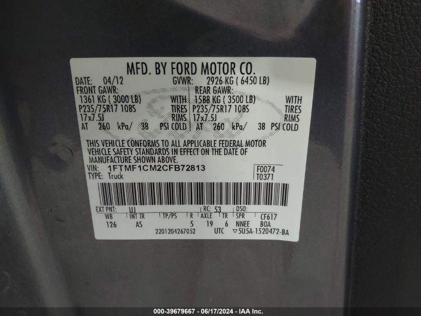 2012 Ford F-150 Xl VIN: 1FTMF1CM2CFB72813 Lot: 39679667