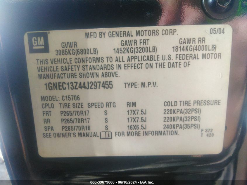2004 Chevrolet Tahoe Ls VIN: 1GNEC13Z44J297455 Lot: 39679668